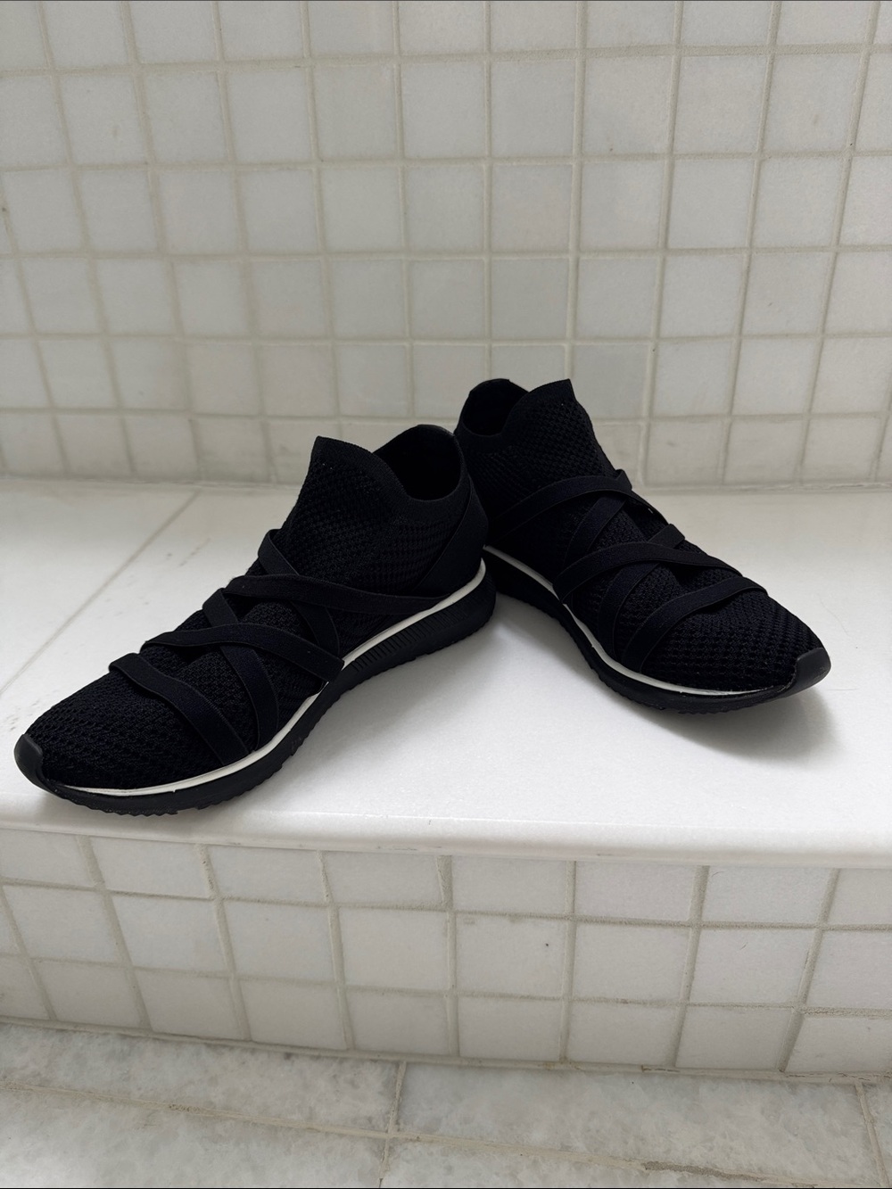 Eileen Fisher Black Knit Slip-On Athletic Sneakers with Crossover Straps, 5 1/2